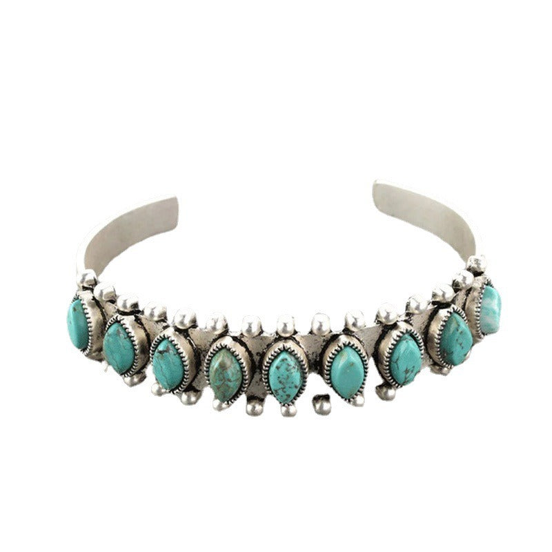 Bohemian Natural Turquoise Open Bracelet Antique Pattern Bracelet for Children