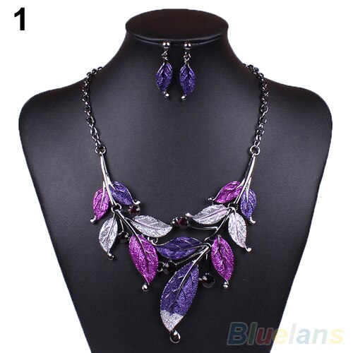 Classic Colorful Leaf Rhinestone Alloy Drop Necklace Earrings Jewelry