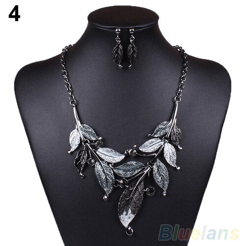 Classic Colorful Leaf Rhinestone Alloy Drop Necklace Earrings Jewelry