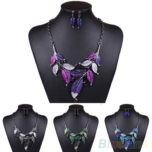 Classic Colorful Leaf Rhinestone Alloy Drop Necklace Earrings Jewelry