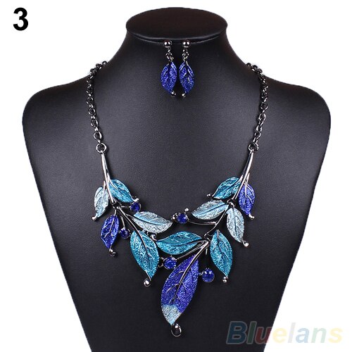 Classic Colorful Leaf Rhinestone Alloy Drop Necklace Earrings Jewelry