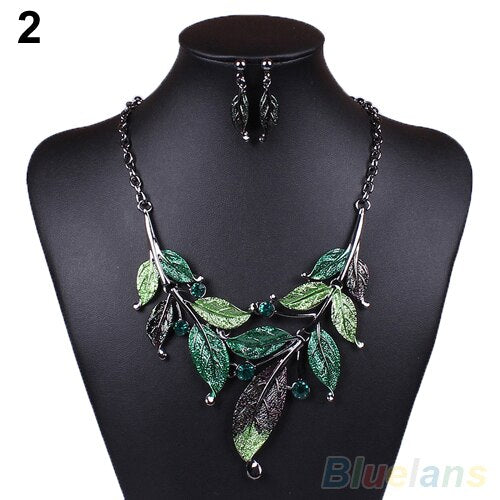 Classic Colorful Leaf Rhinestone Alloy Drop Necklace Earrings Jewelry